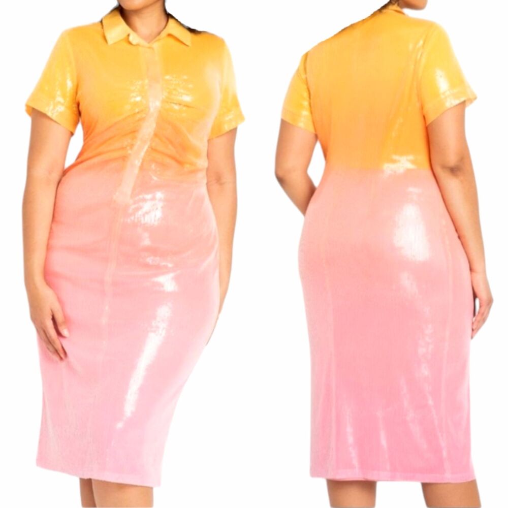 Eloquii Ombre Sequin Midi Shift Dress Womens 16 Orange Pink Glam Bohemian Party